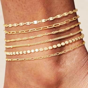 Imagem de Tornozeleiras douradas femininas de 6 peças, conjunto de tornozeleiras delicadas em estilos mistos para usar em camadas e uso diário, presente para sua amiga e família