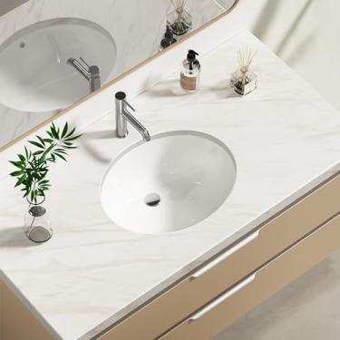 Imagem de Enbol Pia de banheiro de cerâmica oval de 43 x 35 cm - Lavatório de vaso sanitário de porcelana branca com transbordamento, pia de bancada ECU1714-1