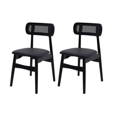 Imagem de Kit 2 Cadeiras De Jantar Rainer Assento Estofado Preto Base De Madeira