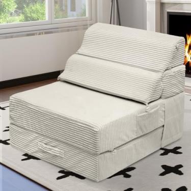 Imagem de LitaiL Sofá-cama dobrável confortável – Sofá conversível para cama dobrável para sala de estar quarto hóspedes, cadeiras de chão dobráveis colchão de veludo cotelê com suporte para as costas, bege