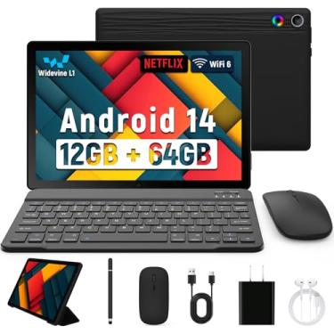 Imagem de Tablet Android atualizado 2025 de 10,1 polegadas com tela sensível ao toque IPS HD, câmera dupla, armazenamento de 64 GB, expansão de 1 TB, kit de tablets 8 em 1 com teclado, capa protetora, mouse