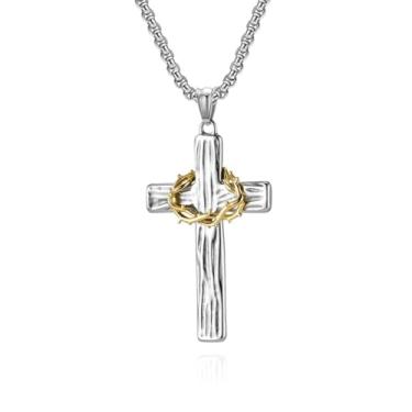 Imagem de Colar de cruz para homens, espinhos, cruz, aço inoxidável, preto, ouro, prata, crucifixo de Jesus Cristo, colares com pingente de fé, joia religiosa, presente, Medium, Aço inoxidável, Sem Pedra
