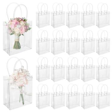 Imagem de Josojoou 50 peças de sacolas de presente de plástico com alças, pequenos sacos de presente transparentes para lembrancinhas, sacola reutilizável de PVC transparente para casamento, chá de bebê