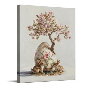 Imagem de CYFDYVT Pintura a óleo floral vintage coelhinhos com flor árvore ovo de Páscoa impressão de arte de parede para decoração de casa de primavera arte botânica em tela 20 x 25 cm