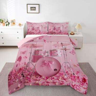 Imagem de Erosebridal Conjunto de edredom de tambor rosa, romântico, floral, rosa, tamanho solteiro, moderno, instrumento musical, rosa, borboleta, edredom para crianças e adultos