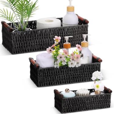 Imagem de Boao 3 cestos de vime de armazenamento boho feitos à mão para organizar com alça de bancada, recipiente de armazenamento de papel higiênico para vaso sanitário (preto)