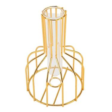 Imagem de Zerodis Vaso de Flores de Metal Dourado Com Tubo de Vidro Separado Vasos Tubo Moderno Oco Design Geométrico de Ensaio de Botão para Casa Escritório Mesa Decoração de Peça Central de Casamento Flor