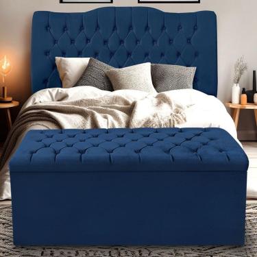 Imagem de Kit Cabeceira E Calçadeira Baú Dunas Casal 140 Cm - Veludo Azul