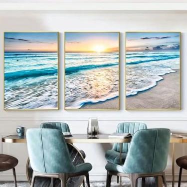 Imagem de Arte de parede com 3 peças, ondas, praia, pôr do sol 20 x 30 cm para casa moderna, escritório, sala de estar, decoração de quarto, pôster em tela sem moldura