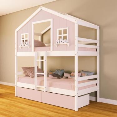 Imagem de Beliche Casinha Dos Sonhos Com 02 Gavetas Rosa Madeira Maciça Rosa/ Branco Housin
