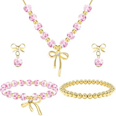 Imagem de NEWITIN Conjunto de 5 peças de joias com contas de laço para mulheres, conjunto de joias de contas de porcelana delicadas, colar com pingente de laço de ouro feito à mão, brincos de pulseira elástica
