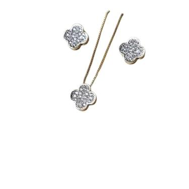 Imagem de Semi Jóias Conjunto de Colar e Brincos Flor Cristal Banhado a Ouro, Pingente Quarteto com Zircônias, Corrente Veneziana