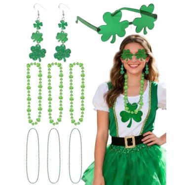 Imagem de Conjunto de 8 peças de acessórios de festa do dia de São Patrício com brincos de trevo de quatro folhas, colares de contas de trevo verde, óculos de sol de trevo irlandês