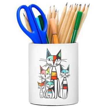 Imagem de Tenceur Suporte abstrato de couro para gatos, colorido, redondo, lápis, maquiagem, pincéis, acessórios para mulheres, amantes de gatos (moderno)