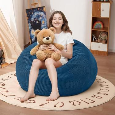 Imagem de Cansunna Cadeira de saco de feijão de 2 pés: sacos de feijão de 6 cm com enchimento de espuma de memória, cadeiras confortáveis Beanbag de lágrima sofá com capa de veludo cotelê, azul escuro