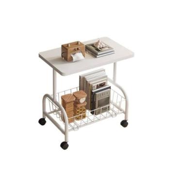 Imagem de Mesa Lateral Multiuso com Rodinhas, Branca, MDF e Metal, 43x30x57cm, Compacta e Portátil