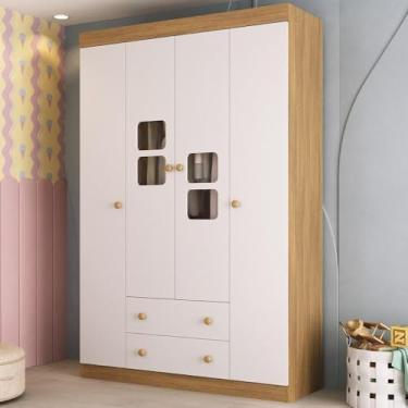 Imagem de Guarda-roupa Infantil 122cm com Vidro 4 Portas e 2 Gavetas Brisa Multimóveis Mp4426 Madeirado/branco