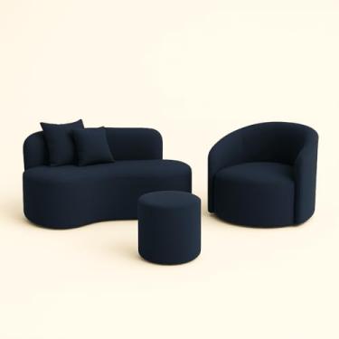 Imagem de Conjunto 01 Poltrona + Sofá e 1 Puff Curvo Orgânico Nature Gaia Sued Azul Marinho - Montanaris Decor