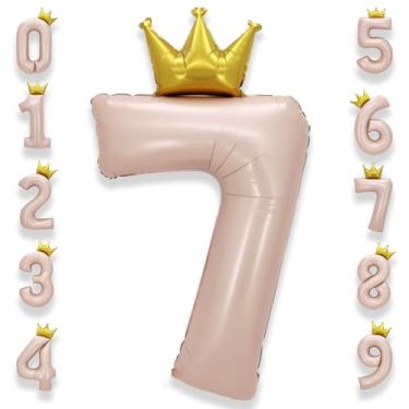Imagem de AULE Número de 7 balões rosa grande de 101 cm com coroa grande folha de hélio balões com número de hélio 0-9 jumbo gigante feliz 7º aniversário decorações de festa enorme Mylar suprimentos de festa de