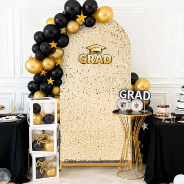 Imagem de Capa de arco de lantejoulas Big Payette: Capa de fundo de arco dourada clara de 2,5 m para arco com glitter, cobertura de arco de casamento, tecido de pano de fundo para aniversário, Halloween