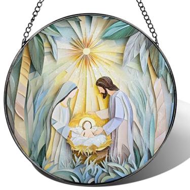 Imagem de Captador de sol de vitral, enfeite de apanhador de sol para presépio; pendurado na janela de vitral, enfeite de Natal, decoração de sagrada família; presentes cristãos, presentes religiosos, decoração