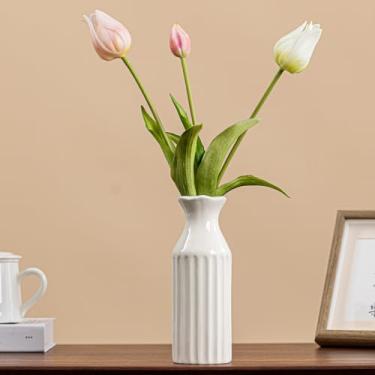 Imagem de ChifonCyan Vaso de cerâmica branca – Vaso de flores exclusivo de 21 cm com textura nervurada vertical, vaso decorativo boho/fazenda para sala de estar, mesa de escritório e presente de inauguração de