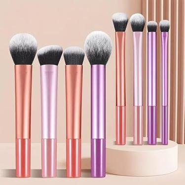 Imagem de Conjunto de 8 pincéis de maquiagem coloridos profissionais com cerdas sintéticas macias, kit completo de cosméticos para rosto para base de blush em pó, sombra e contorno