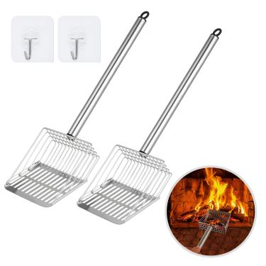 Imagem de SUPXYC Peneira de cinzas oca para lareira de 2 peças, peneira de cinzas de cabo longo, peneira de cinzas para fogão a lenha com gancho autoadesivo, pá de lareira oca para lareiras, churrasqueiras