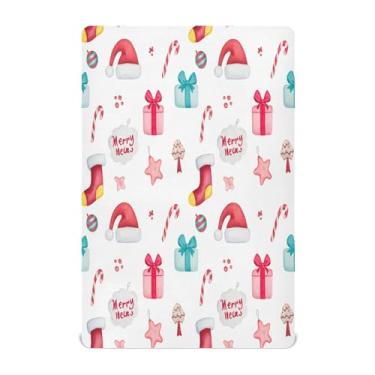 Imagem de Qilmy Lençóis de berço de Natal com estampa de chapéus de Papai Noel, macio e respirável, de microfibra elástica, lençol com elástico para meninos e meninas, miniberço, 132 x 71 cm, capa de colchão
