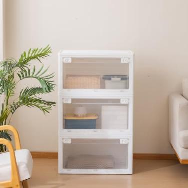 Imagem de ABAMFUR Caixas de armazenamento empilháveis de plástico 101QT, pacote com 3 caixas de armazenamento de plástico dobráveis com tampa, portas e rodas, para armário e quarto, branco
