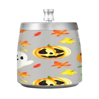 Imagem de Qilmy Cinzeiro de aço inoxidável de abóboras aquarela com tampa - Cinzeiro de cigarro à prova de vento sem cheiro sem fumaça para casa, escritório, carro, pátio, varanda (uso interno e externo)