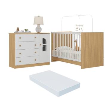 Imagem de Berço 3 Em 1 Com Colchão Incluso E Cômoda 1 Porta 4 Gavetas Amora Multimóveis MP4767 Madeirado-branco