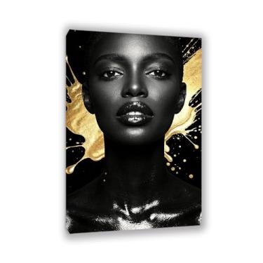 Imagem de SDYJ6GSW Arte de parede em tela afro-americana ouro preto impressão abstrata preto imagem feminina decoração de parede pintura para quarto banheiro escritório decoração de casa moldura 90 x 60 cm (35