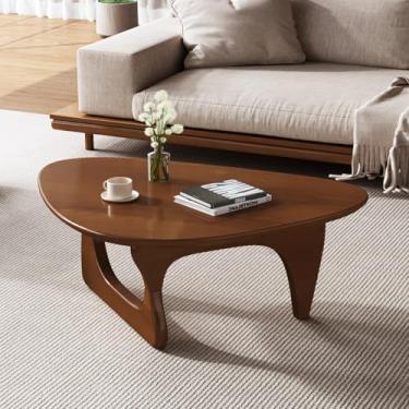 Imagem de Mesa de centro de madeira, mesa de centro triangular moderna de meados do século para sala de estar, pernas e mesa de madeira maciça rústica, mesa central de nogueira para espaços pequenos