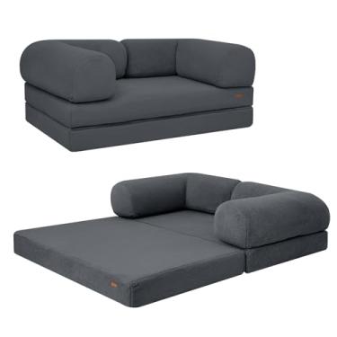 Imagem de COMAX Sofá-cama dobrável Queen, sofá-cama dobrável, cadeira futon dobrável para adultos, colchão conversível para quarto, sala de estar, quarto de hóspedes, pele sintética cinza escuro