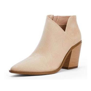 Imagem de Bota feminina de cano curto, bico fino, salto grosso, recorte lateral, zíper lateral, 1 nude, 37