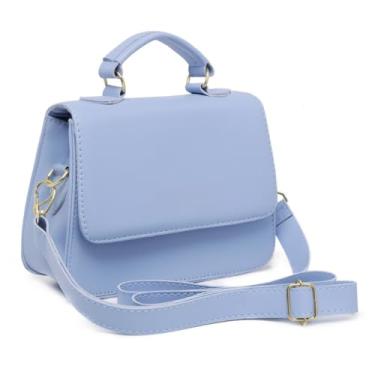 Imagem de Bolsa Feminina Elegante, Alça Transversal, Couro Sintético Preto, Detalhes Dourados, Estilo Clássico (Azul)