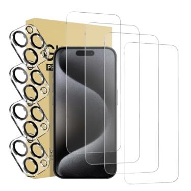 Imagem de Pacote com 4 protetores de tela para iPhone 15 Pro Max [6,7 polegadas] + pacote com 4 protetores de lente de câmera, proteção de sensor, compatível com ilha dinâmica, película de vidro temperado