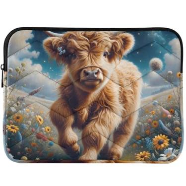 Imagem de Capa para laptop personalizada com estampa floral de vaca Highland para MacBook Pro de 14 polegadas, capa acolchoada universal de 33 a 14 polegadas