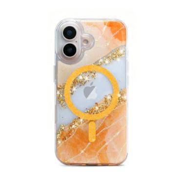 Imagem de Teayoha Capa com glitter para iPhone 16 Pro, capa de telefone brilhante brilhante de luxo compatível com MagSafe, capa transparente com detalhes em folha dourada 3D mármore para mulheres, meninas