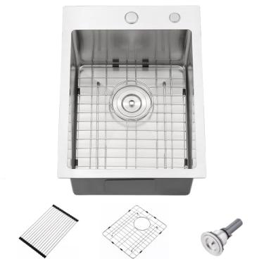 Imagem de Pia de barra suspensa de 38 cm - VASOYO 38 x 50 cm de aço inoxidável pia de barra suspensa pia de bar molhado 16 calibres pequena pia de cozinha externa tigela única pia de bar de cozinha com tábua de