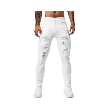 Imagem de Calças Jeans Brancas Skinny De Algodão Para Homens, Elásticas, Com Ras