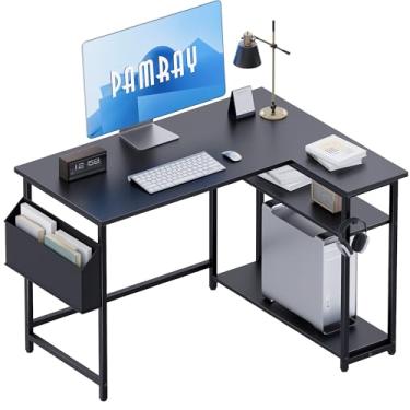Imagem de Pamray Mesa de computador em forma de L de 101 cm com prateleiras de armazenamento laterais reversíveis, mesa de canto pequena para escritório doméstico, mesa de estudo de escrita PC para quarto