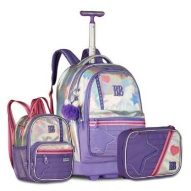 Imagem de Kit Mochila Carrinho com Lancheira e Estojo Escolar Holográfico-Feminino