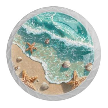 Imagem de DragonBtu 4 maçanetas redondas para armário de 3,5 cm, ondas de praia, estrela-do-mar, puxador de armário de cozinha, puxador de gaveta branco, puxador de cômoda com parafusos, decoração de móveis