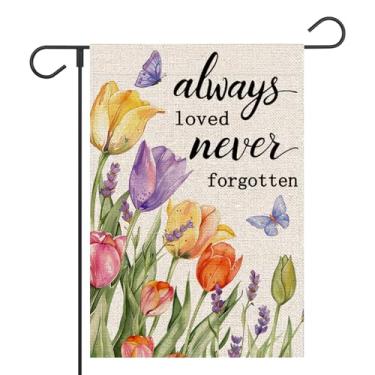 Imagem de FUYUCHEN Always Loved Never Forgotten Memorial Garden Flag 30,5 x 45,7 cm dupla face, tulipa borboleta primavera verão férias sazonais fora do quintal bandeira decorativa ao ar livre