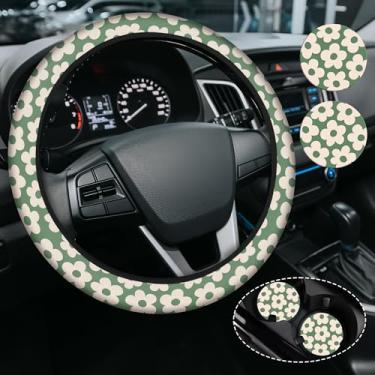 Imagem de Linda capa de volante de flor branca, capa de volante de neoprene antiderrapante, acessório de carro fofo para mulheres femininas, ajuste universal de 38 cm, SUVS, inclui 2 porta-copos de cerâmica