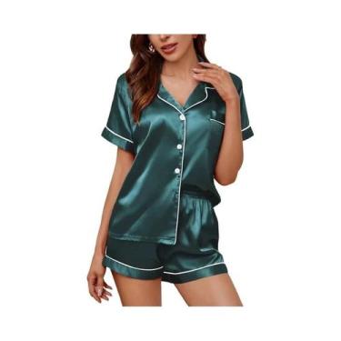 Imagem de Conjunto De Pijama De Verão Feminino Em Cetim Com Camisa De Manga Curt