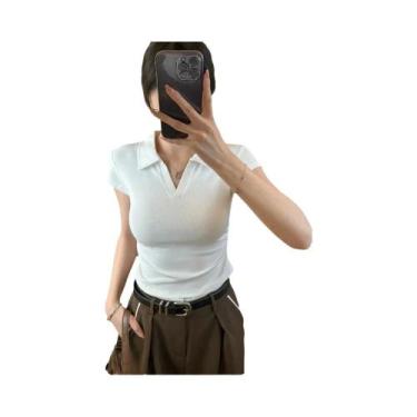 Imagem de Camiseta Cropped Feminina De Algodão Slim Fit Verão Sexy Lisa Manga Cu