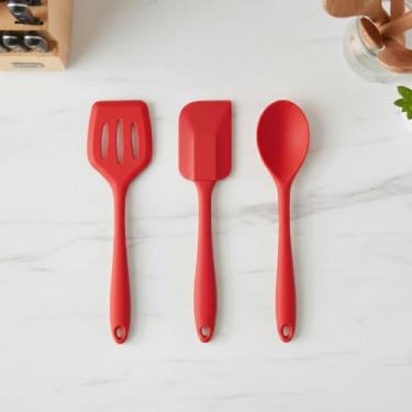 Imagem de Kit de Utensílios de Cozinha em Silicone 3 Peças Colher Espátula e Espátula Vazada Vermelho Premiun